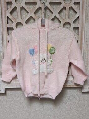VTG Baby Kisses Toddler Girl 18 Mos Pink Knit Zip Back Bear Hooded Sweater